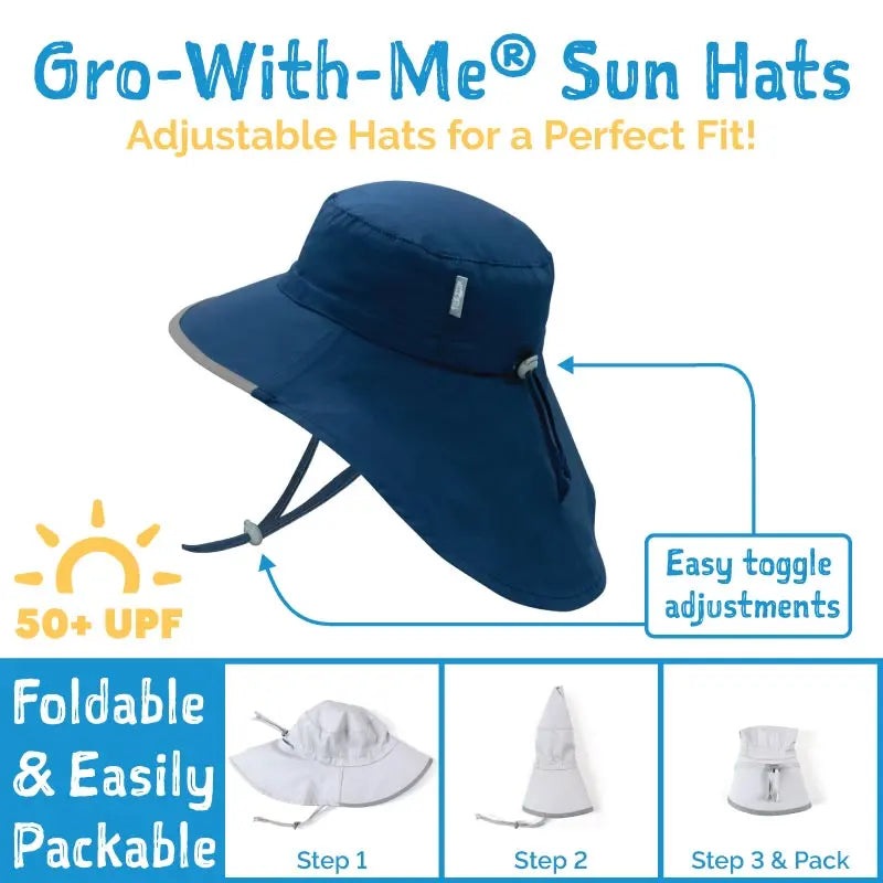 Jan & Jul Kids Cotton Adventure Hat, blue wide-brim sun hat with adjustable toggle for secure fit and foldable packability.