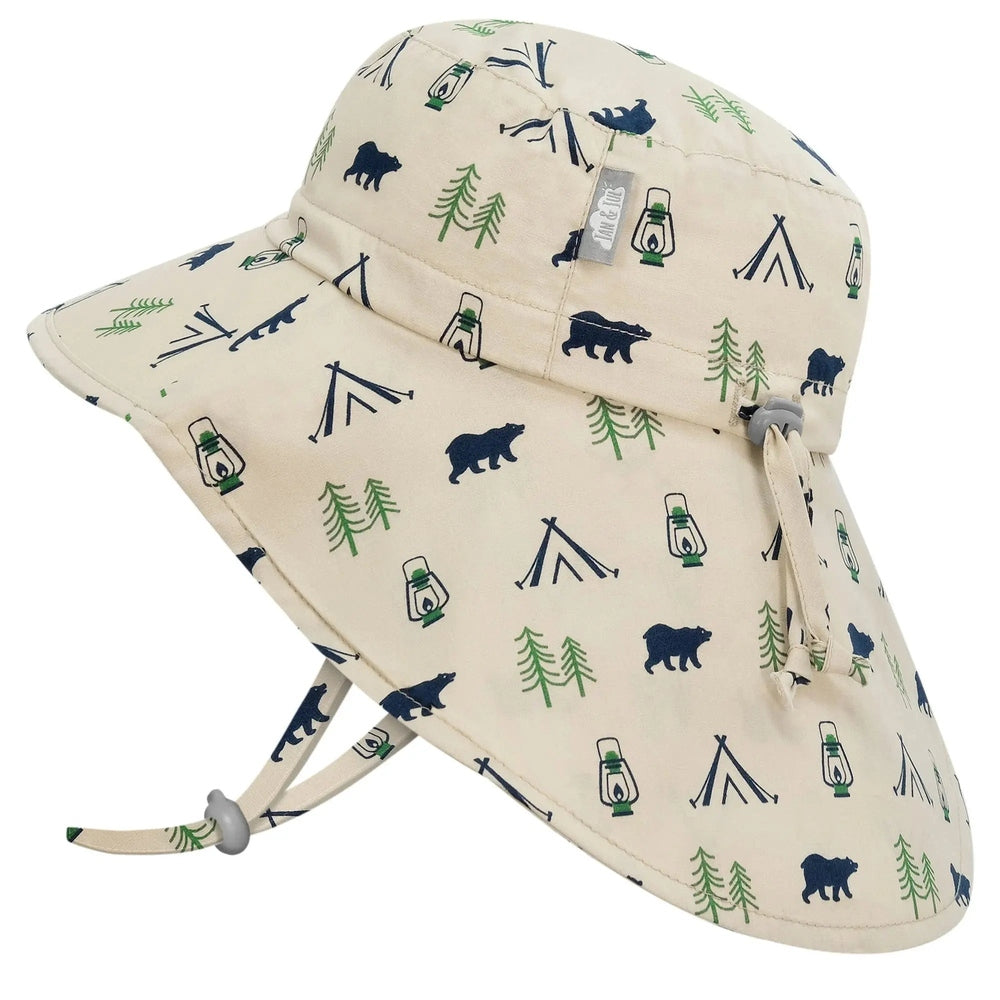 Jan & Jul Kids Cotton Adventure Hat Bear Camp, beige with bears, tents, lanterns, pines; adjustable chin strap.