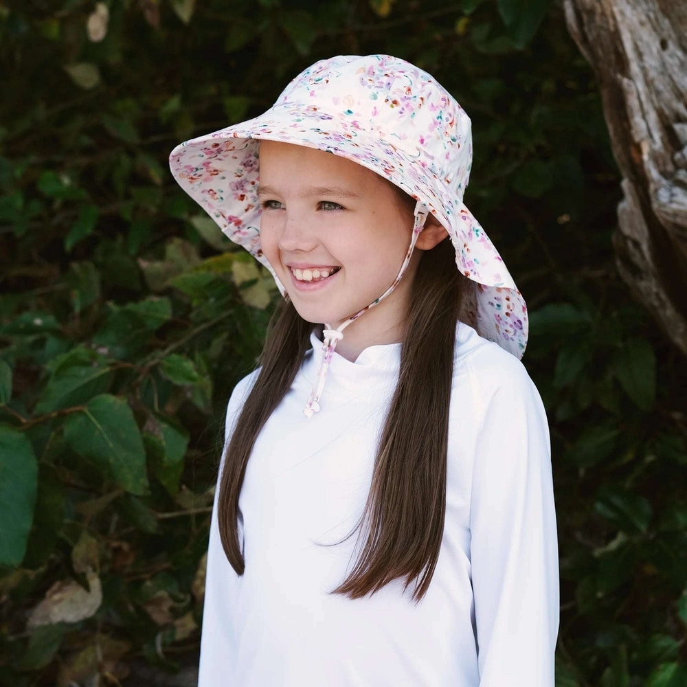 Jan & Jul kids cotton adventure hat Pretty Petals floral print, adjustable chin strap, wide brim