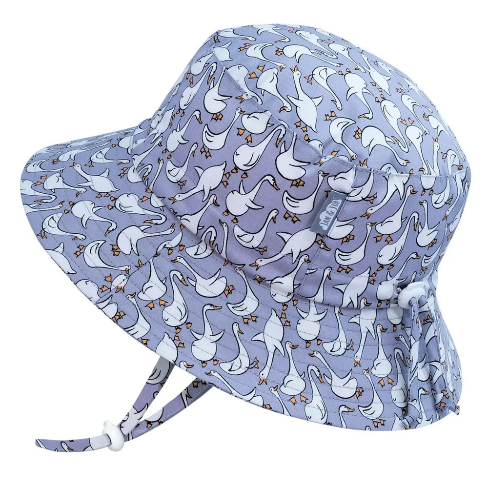 Jan & Jul Kids Cotton Bucket Hat Goose in lavender with white geese pattern and chin strap.