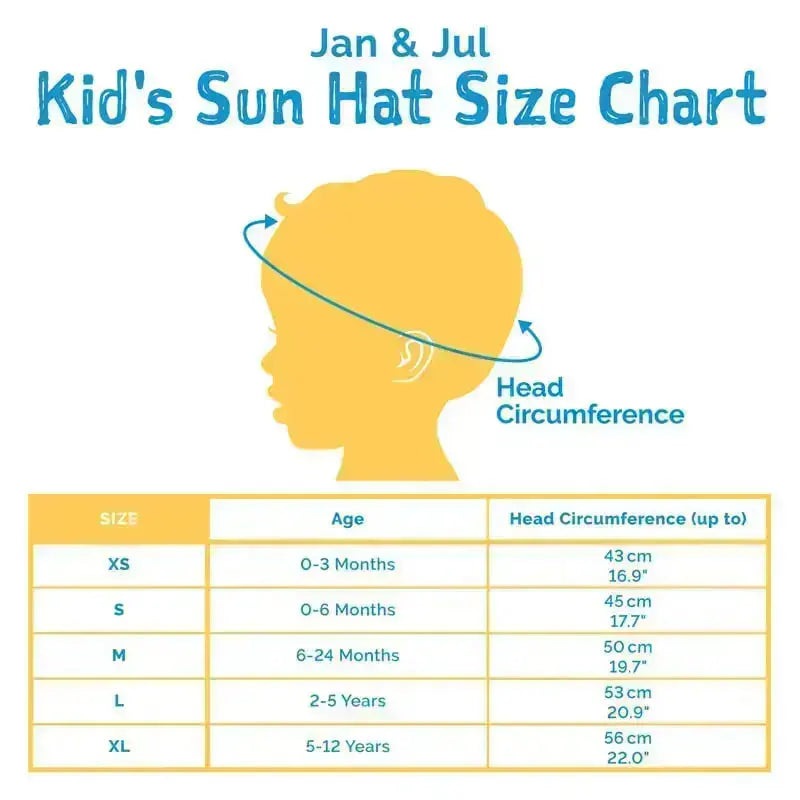 Jan & Jul Kids Cotton Floppy Hat Lemon size chart with head circumference arrows around a child silhouette.