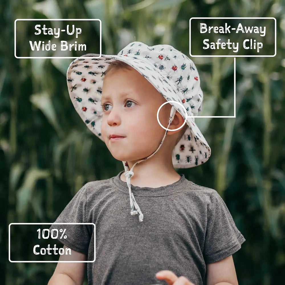 JAN & JUL Cotton Bucket Hat Little Diggers, white with digger pattern, wide brim with break-away safety clip