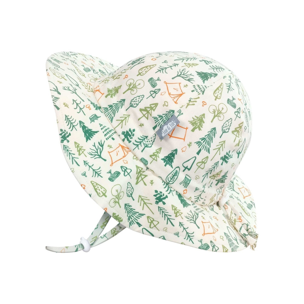 Jan & Jul Kids Cotton Floppy Hat, Camp Grove print on cream fabric with green trees and a chin strap