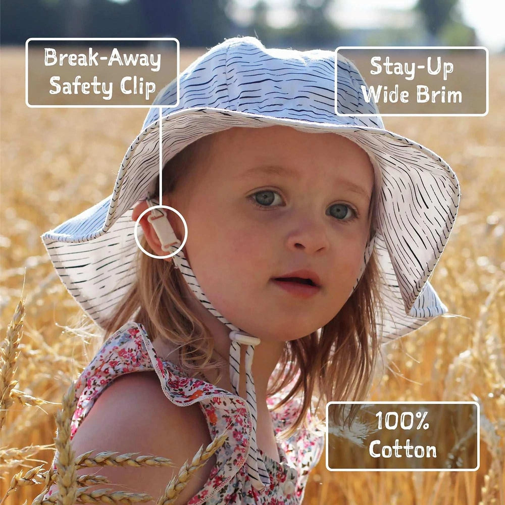 Jan & Jul kids cotton floppy hat, white with blue stripes, wide brim, break-away safety clip
