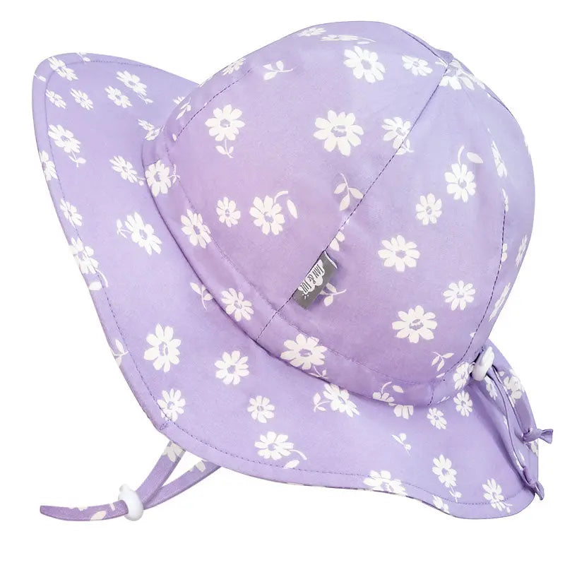 Jan & Jul Kids Cotton Floppy Hat Purple Daisy, with adjustable chin strap and white daisy print.