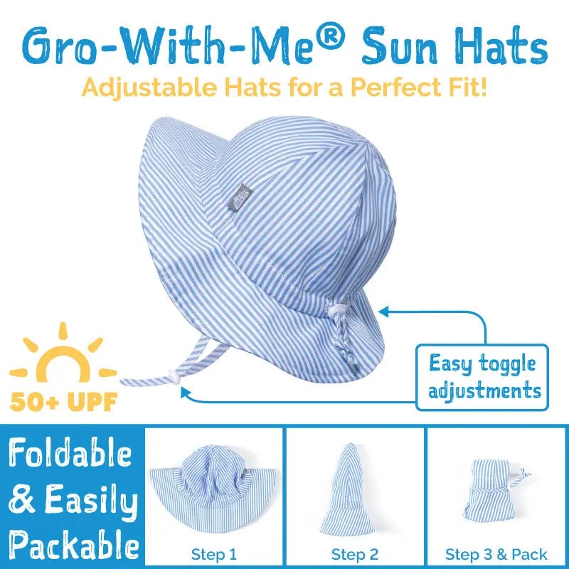 JAN & JUL Kids Cotton Floppy Hat Purple Daisy, blue striped sun hat shown with adjustable toggle and foldable design.