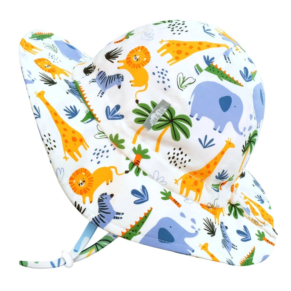 JAN & JUL kids cotton floppy hat featuring bright safari animal print on white