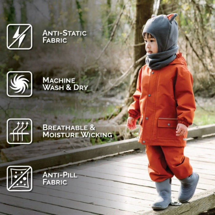 JAN & JUL Kids Fleece Animal Grey Fox hat worn by a toddler outdoors, cozy grey fleece with fox ears.