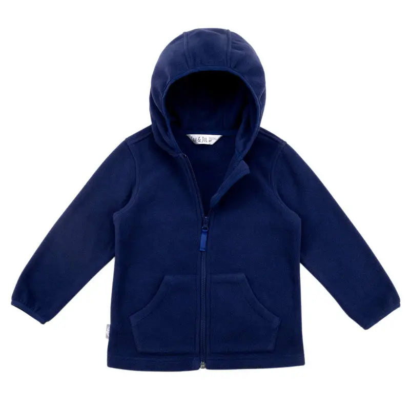 Jan & Jul Kids Fleece Jacket Navy with hood and front pockets, laid flat to keep little one warm.