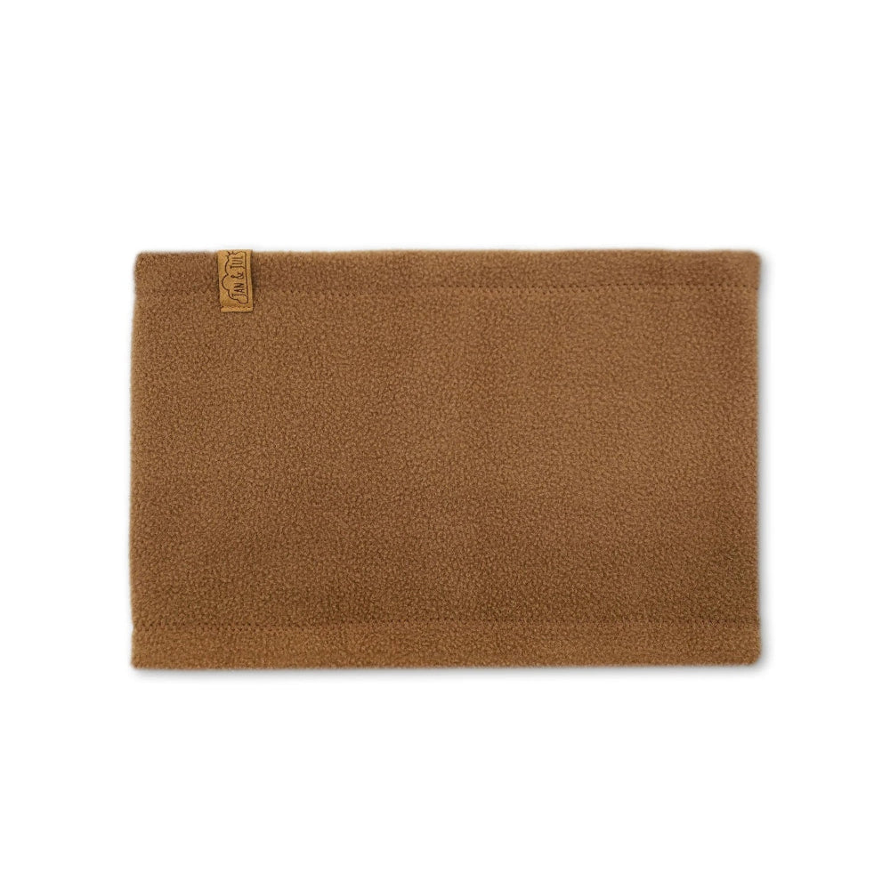 Jan & Jul Kids Fleece Neck Warmer in brown fleece, laid flat with visible brand tag.