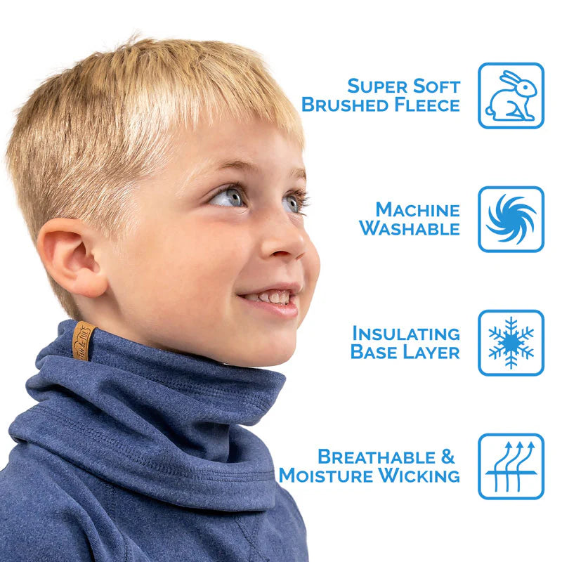 JAN & JUL Kids Fleece Neck Warmer in navy blue worn by a smiling child, showcasing soft brushed fleece and breathable warmth.