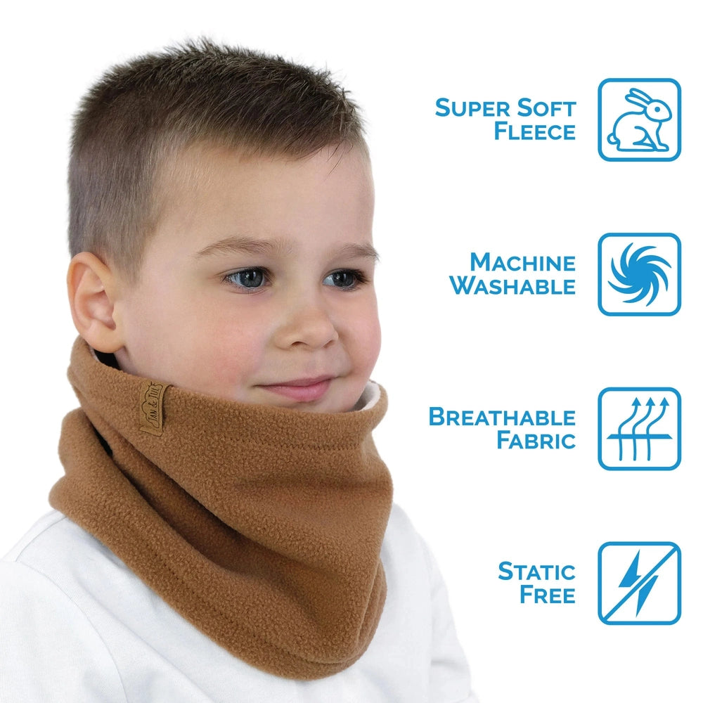 JAN & JUL Kids Fleece Neck Warmer in brown worn around a child’s neck; super-soft fleece, breathable, machine washable.