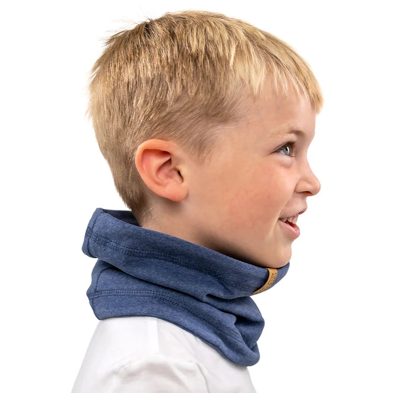 JAN & JUL Kids Fleece Neck Warmer in blue worn snugly around a smiling boy's neck