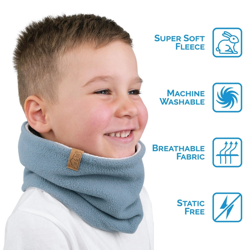 JAN & JUL kids fleece neck warmer in stormy blue, one size, with tan tag, worn by smiling child