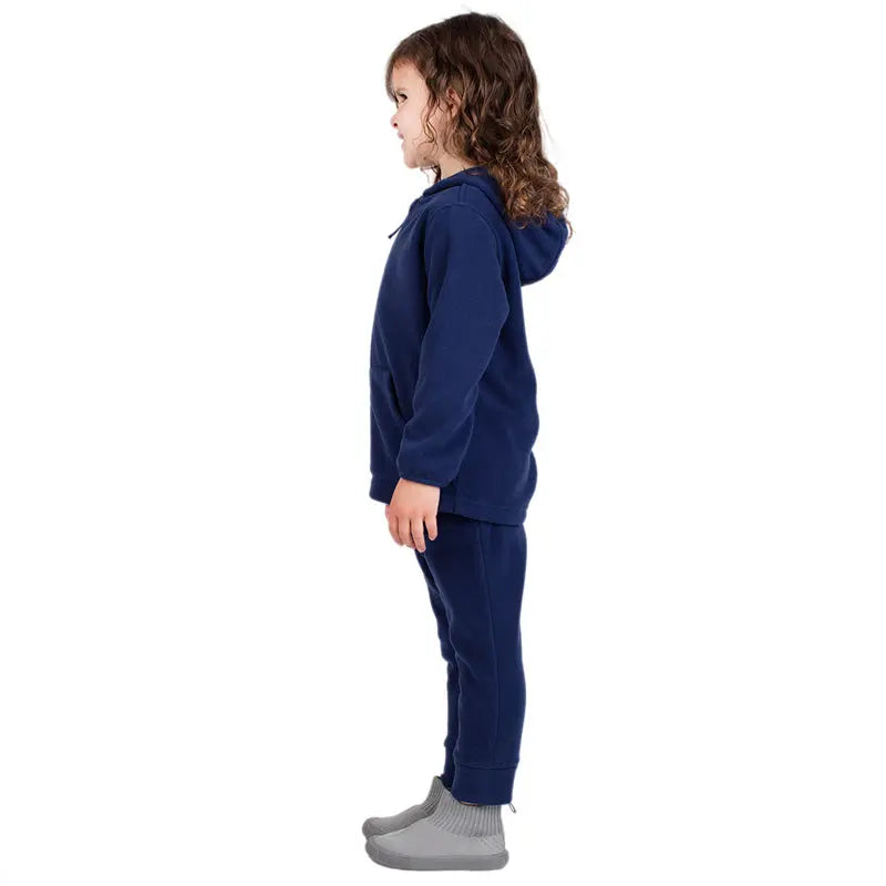 Jan & Jul Kids Fleece Pants Navy on a toddler standing in side profile, navy fleece joggers with cuffed ankles