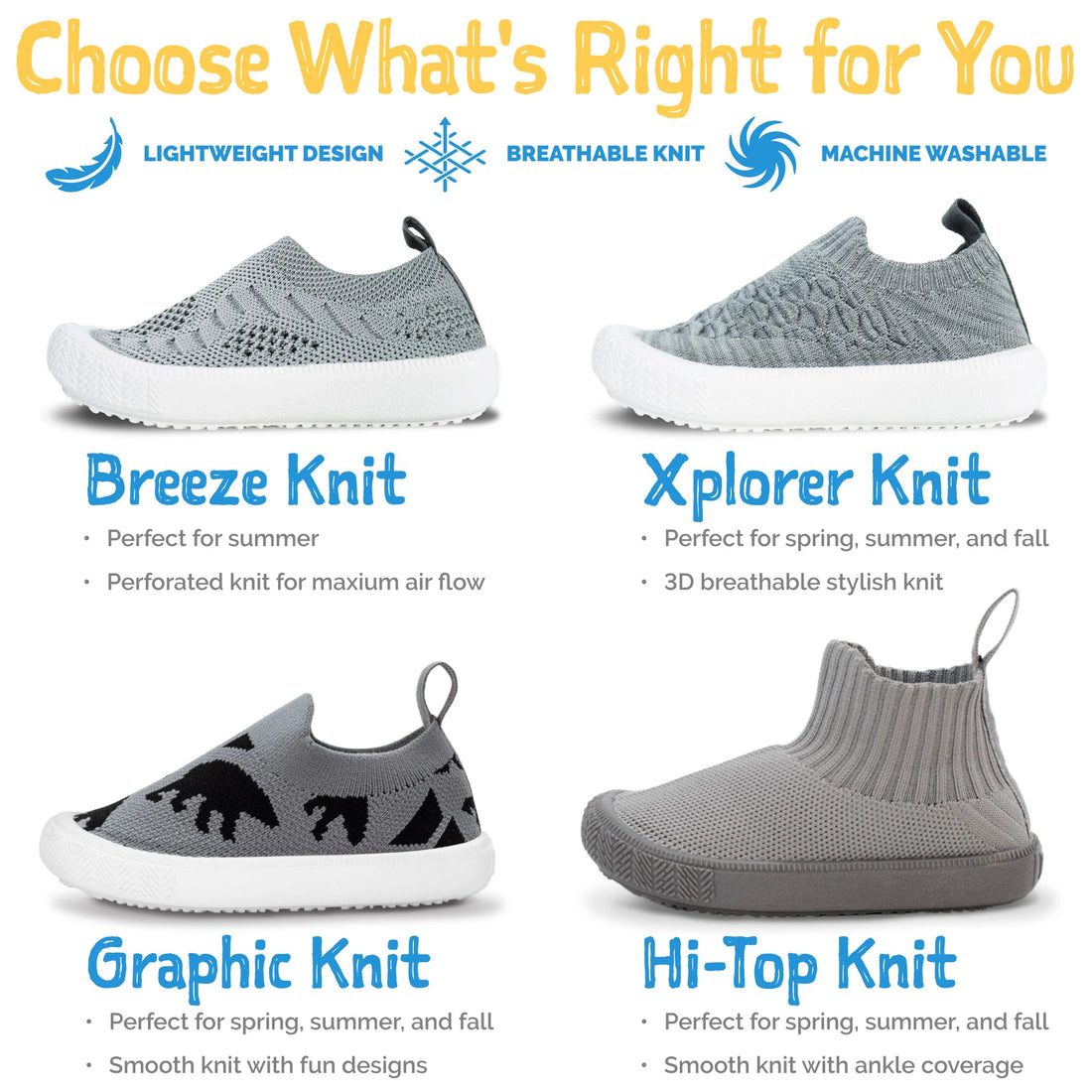 Jan & Jul Kids Graphic Slip-On Shoes - Grey Construction - Breeze, Xplorer, Graphic and Hi-Top knit-shoe comparison chart