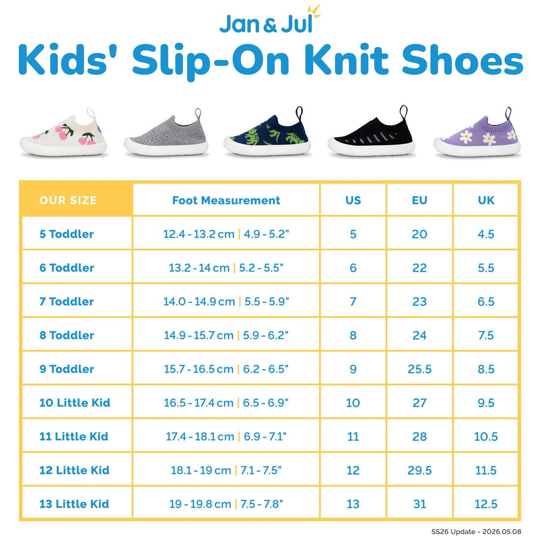 Jan & Jul Kids Graphic Slip-On Shoes - Grey Construction - Kids Slip-On Knit Shoes US and foot-measurement size chart