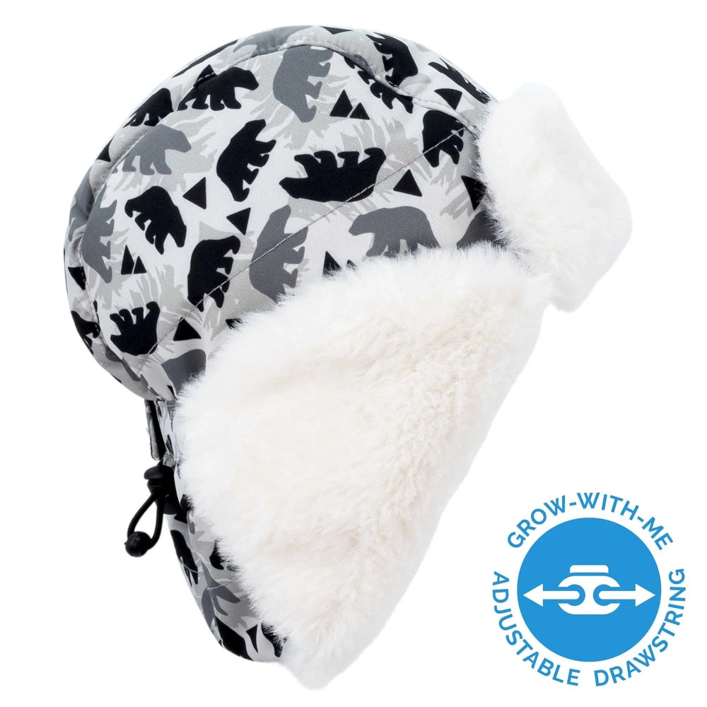 JAN & JUL kids insulated winter hat with gray bear print and white faux fur ear flaps