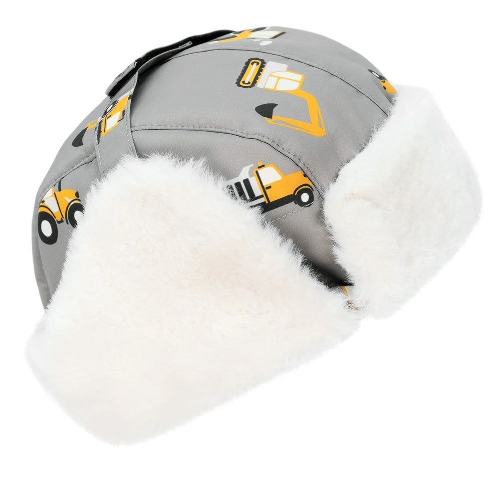 JAN & JUL Kids Insulated Winter Hat in grey with white faux-fur ear flaps and construction print, warm and cozy.