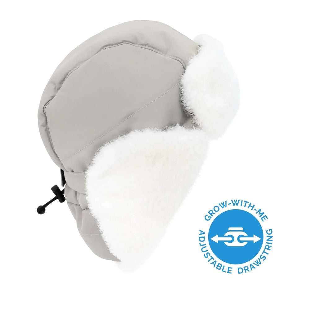 JAN & JUL Kids Insulated Winter Hats Greystone, gray with fluffy white ear flaps and adjustable drawstring.
