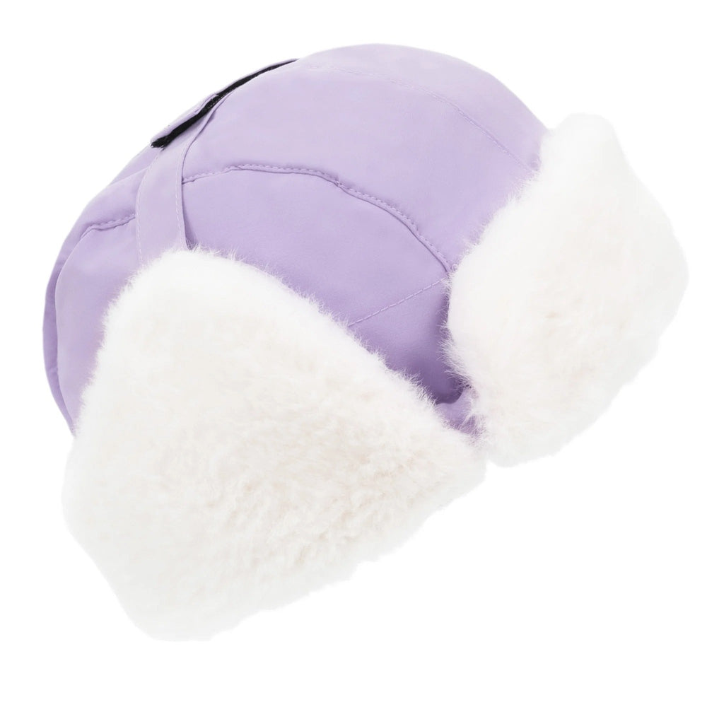 JAN & JUL Kids Insulated Winter Hat Lavender with fluffy white faux‑fur ear flaps, showcasing plush warmth.