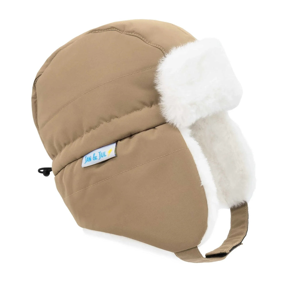 Jan & Jul Kids Insulated Winter Hats Soft Brown with white faux-fur ear flaps and adjustable strap