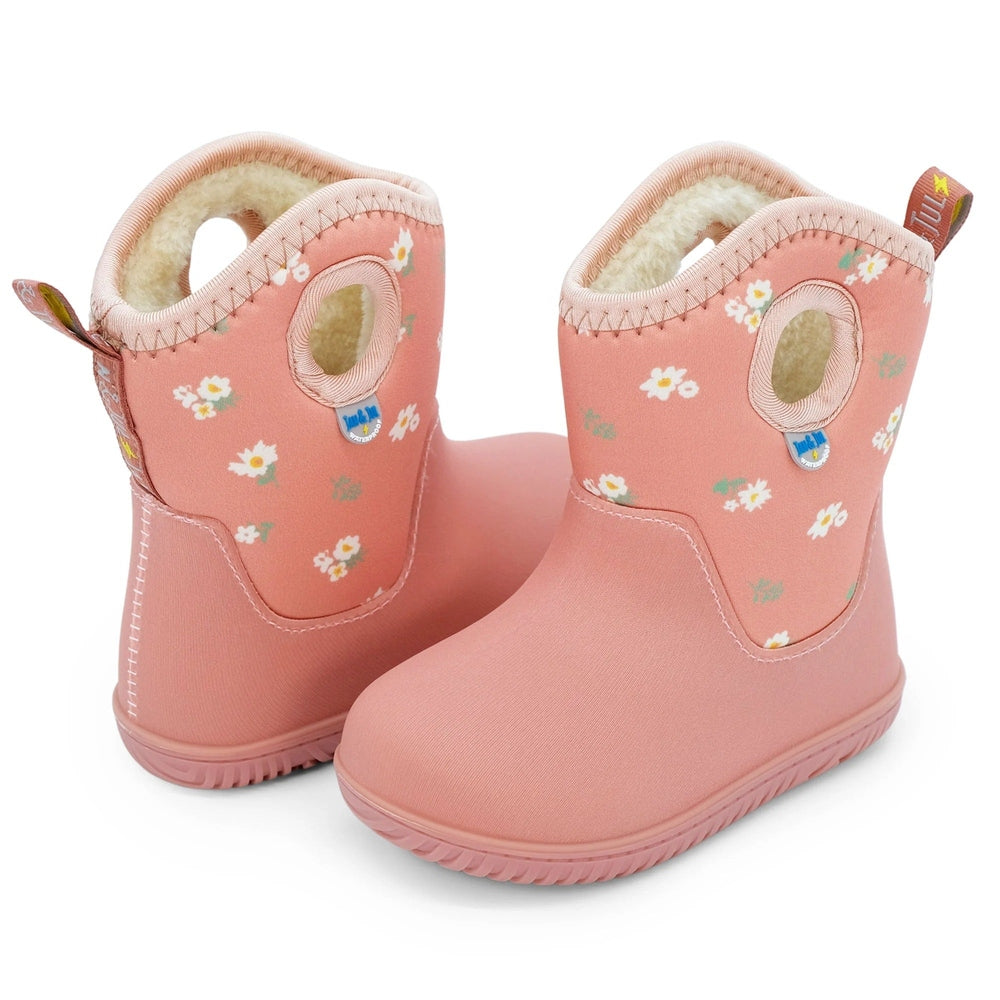 JAN & JUL baby boots in apricot pink with floral pattern and fuzzy lining, waterproof rubber outsole pair