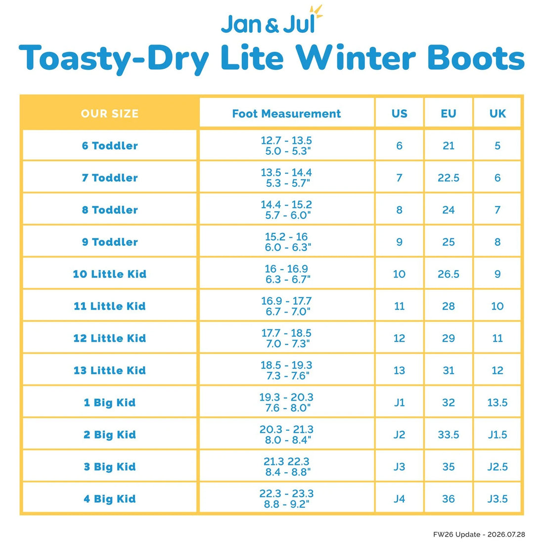 Jan & Jul Kids Lite Waterproof Boots size chart