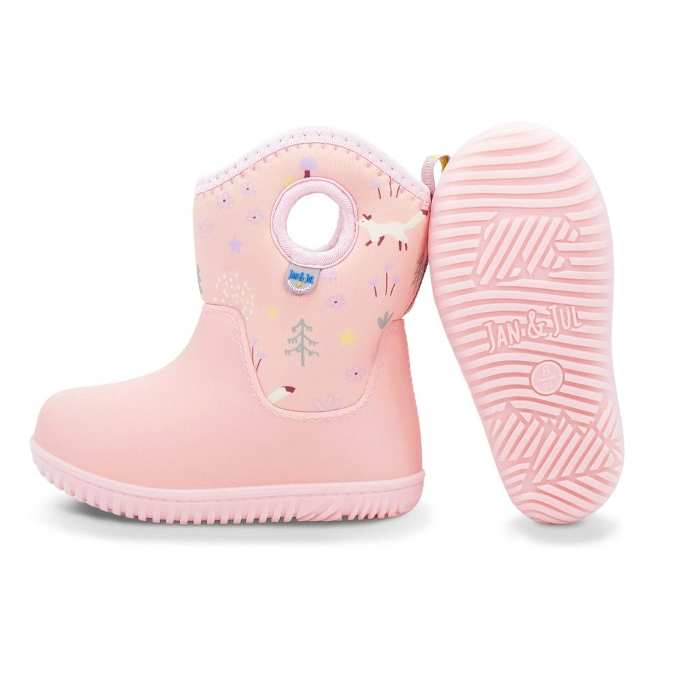 Jan & Jul Kids Lite Waterproof Boots Pink Forest; pink waterproof toddler boot with forest print and grippy outsole.