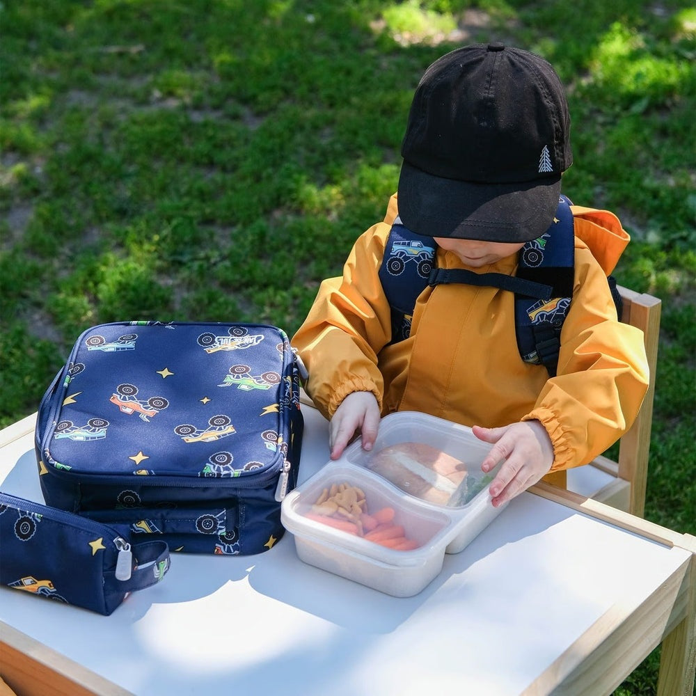 JAN & JUL Kids Lunch Bag Big Trucks navy blue lunch bag with truck print and matching 2-compartment lunch box