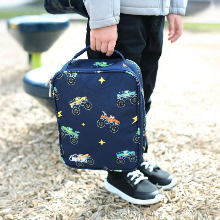 Jan & Jul kids lunch bag navy with colorful monster-truck print and carry handle