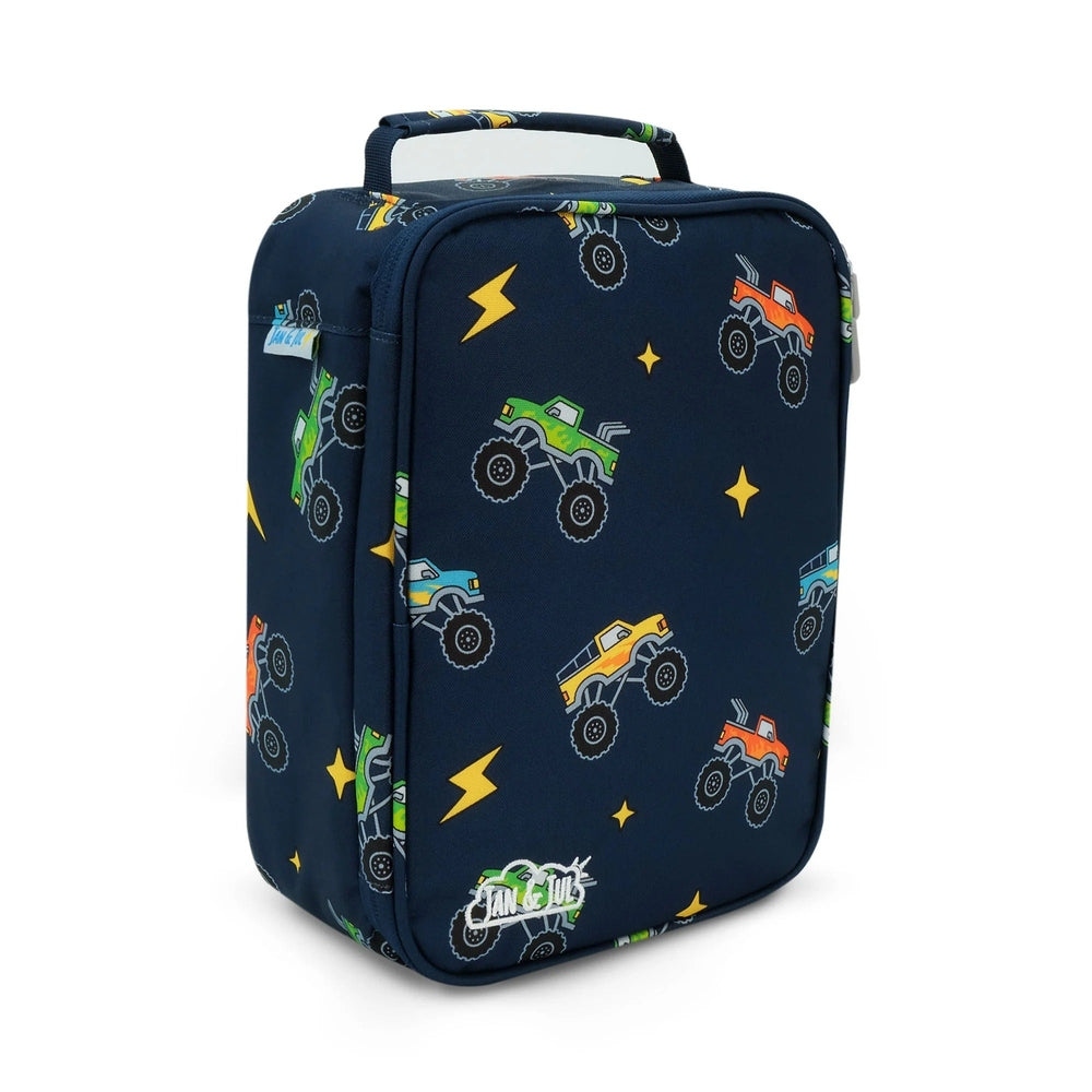 Jan & Jul kids lunch bag in navy with colorful monster truck pattern and sturdy top handle