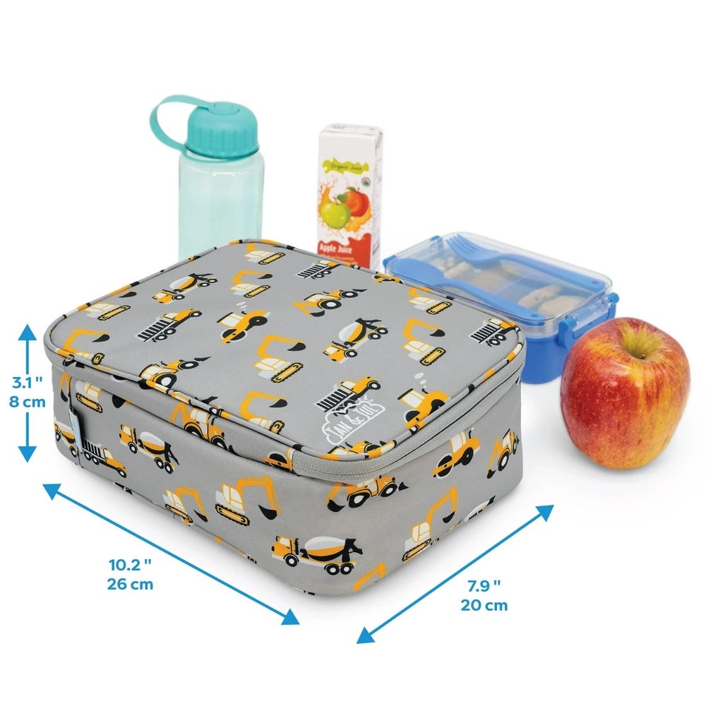 Jan & Jul kids lunch bag gray with yellow construction truck print