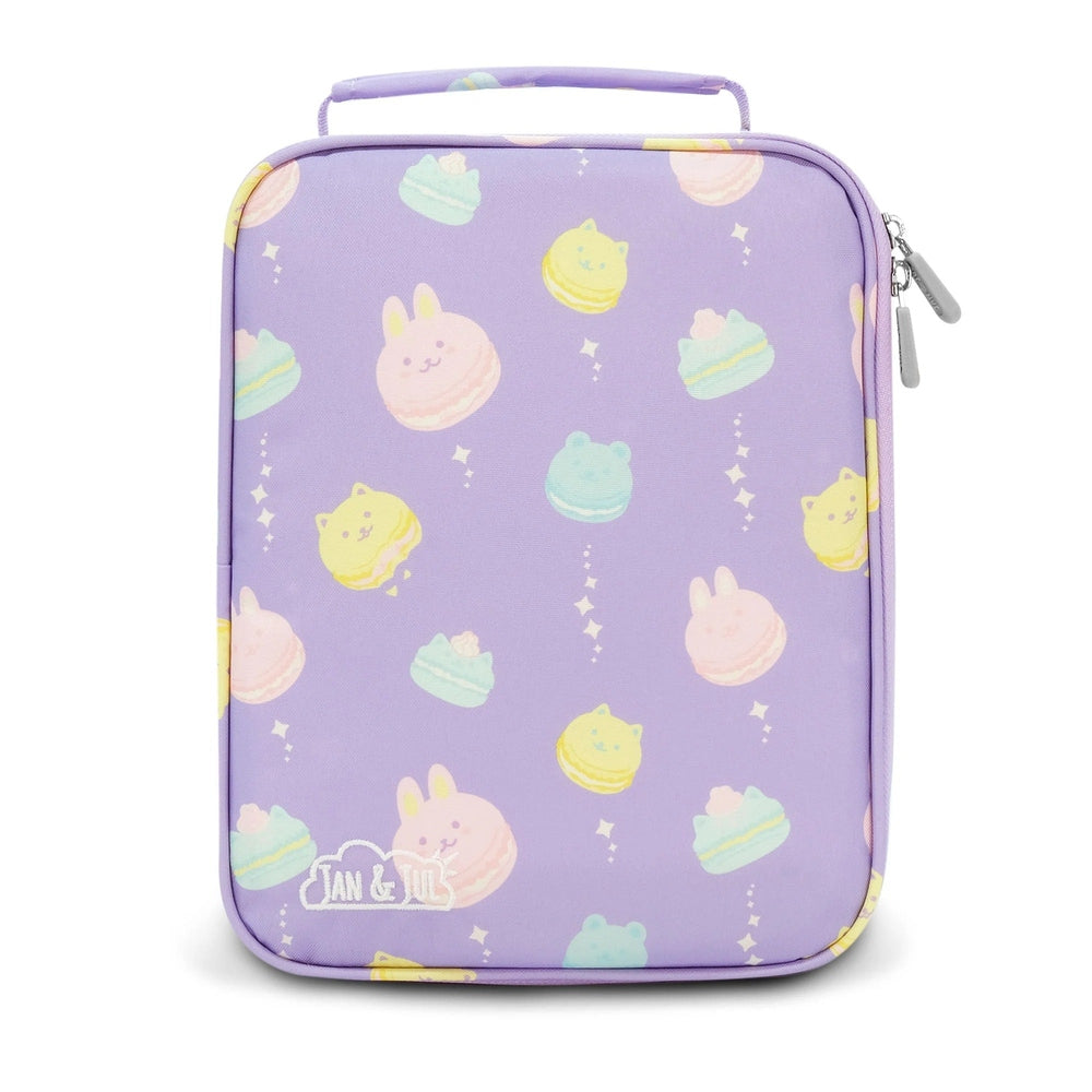 Jan & Jul kids lunch bag purple with pastel macarons and bunny faces