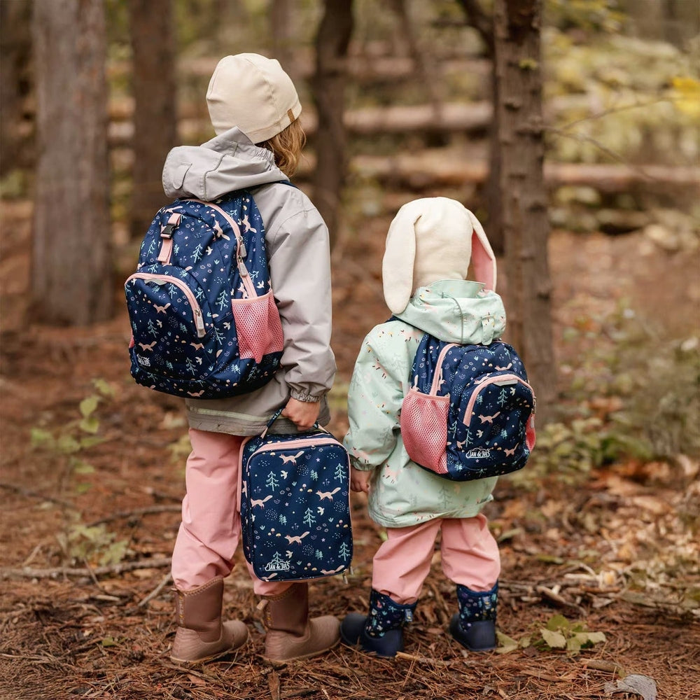 Jan & Jul Kids Lunch Bag Navy Forest; navy lunch totes with pink mesh pockets, set of 2.