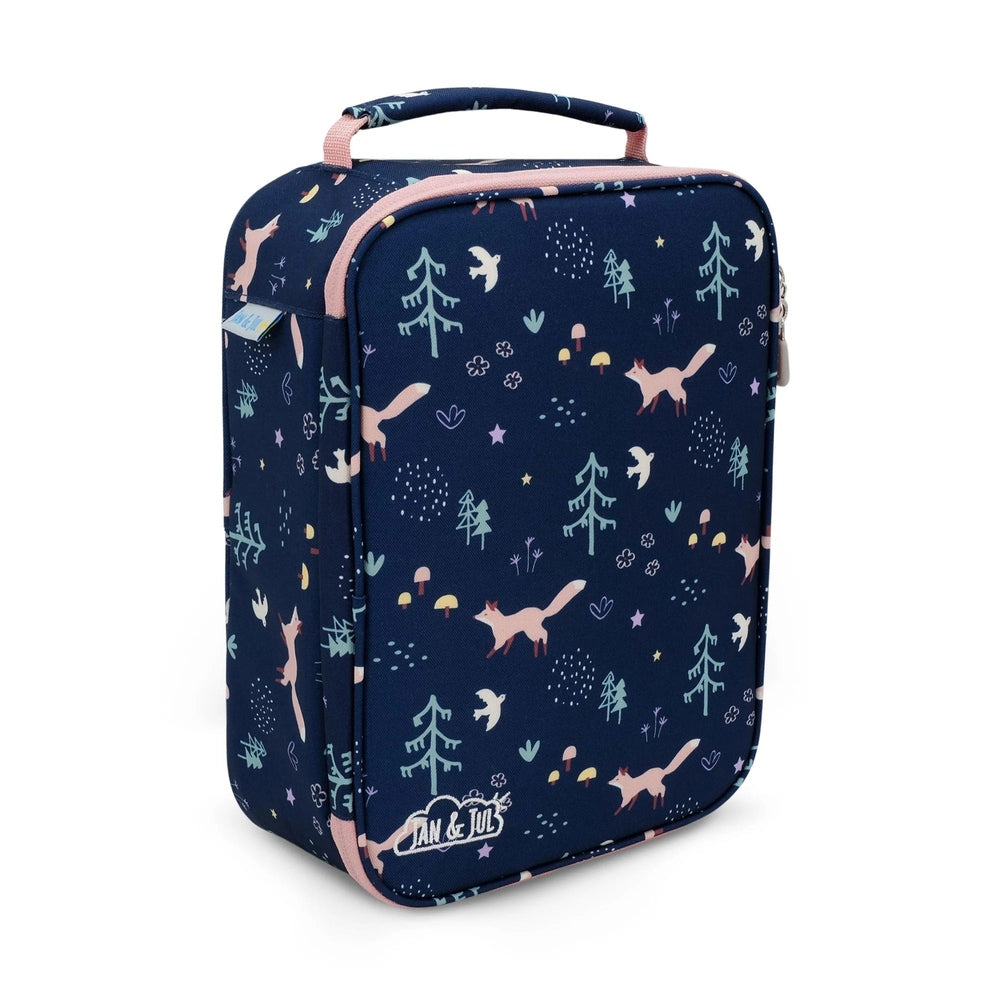 Jan & Jul kids lunch bag in navy forest print with pink trim and carry handle