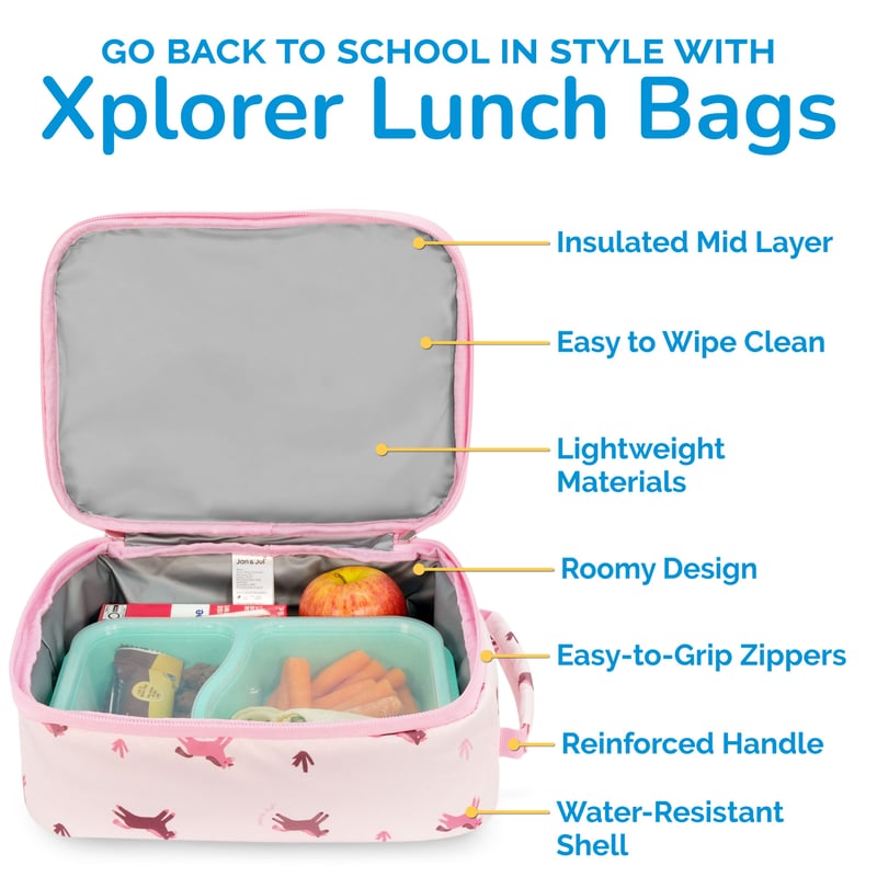 Jan & Jul Kids Lunch Bag Pink Ponies feature graphic showing insulated lining