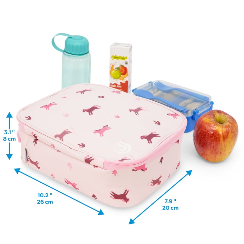 Jan & Jul Kids Lunch Bag Pink Ponies dimensions graphic with lunch items