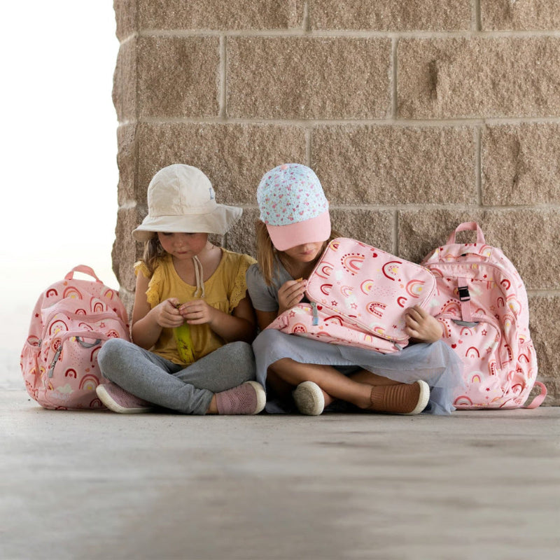 Jan & Jul Kids Lunch Bag Pink Rainbow, insulated tote with pink rainbow pattern; set of two