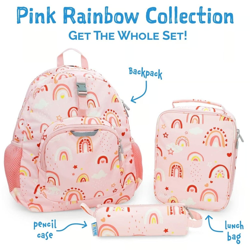 JAN & JUL pink rainbow lunch bag with matching backpack and pencil case, 3-piece set