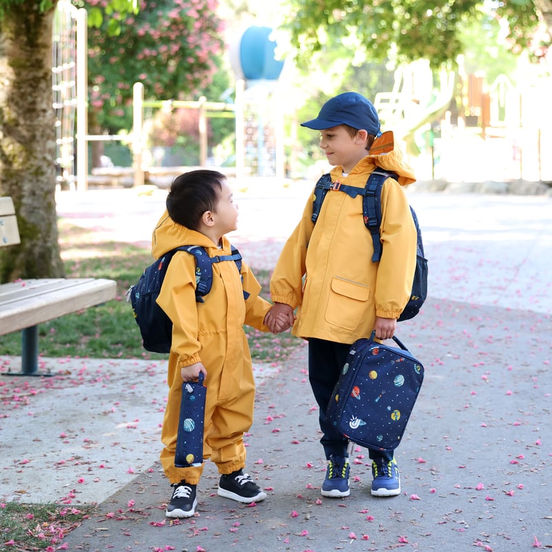 Jan & Jul Kids Lunch Bag Planet Patrol lifestyle photo with matching backpack