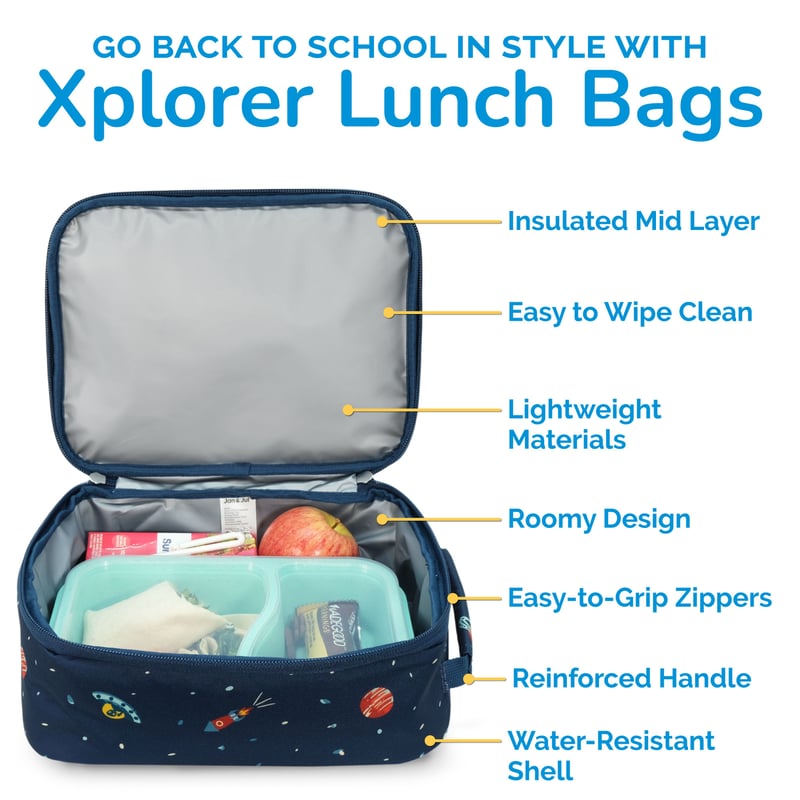 Jan & Jul Kids Lunch Bag Planet Patrol flat lay with lunch items