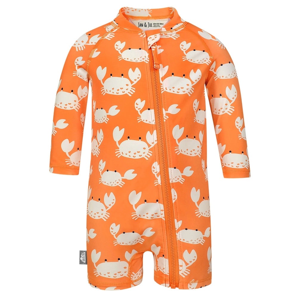 Jan & Jul Kids One Piece UV Sun Suit Crabby Crab in orange with white crab print; zippered front for easy dressing.
