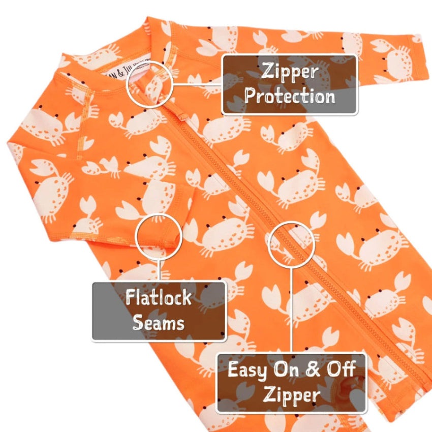 JAN & JUL Kids One Piece UV Sun Suit Crabby Crab in orange; toddler wearing the zippered suit.