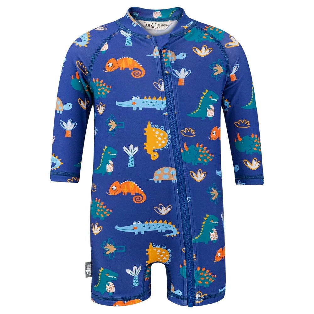 JAN & JUL Kids One Piece UV Sun Suit Dino Buddies in blue with dinosaurs, front zipper closure.