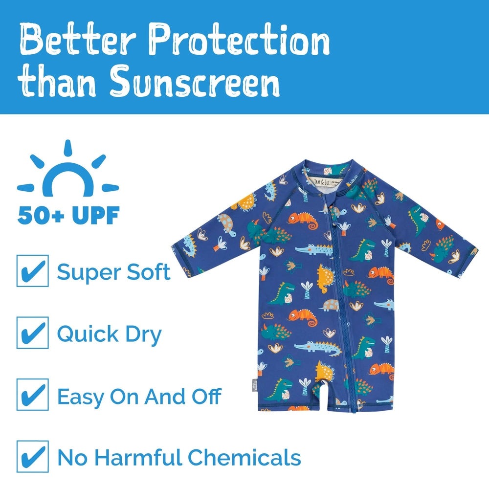 JAN & JUL Kids One Piece UV Sun Suit Dino Buddies in blue; zipper shows easy on/off, UPF50+, quick-dry.