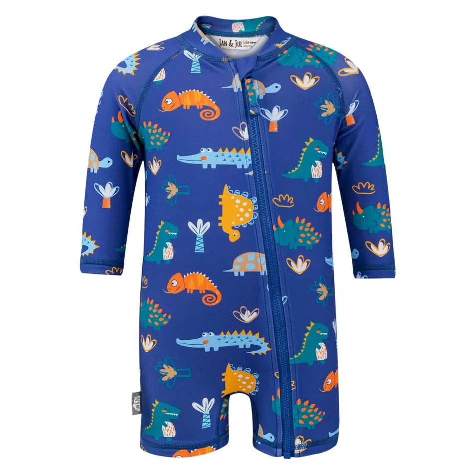 Jan & Jul Kids One Piece UV Sun Suit Dino Buddies, blue dinosaur print with front zipper for easy dressing.