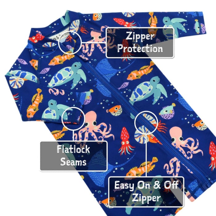 JAN & JUL Kids One Piece UV Sun Suit Sea Friends in blue sea-creature print, zipper shown for easy on/off and durable flatlock seams.