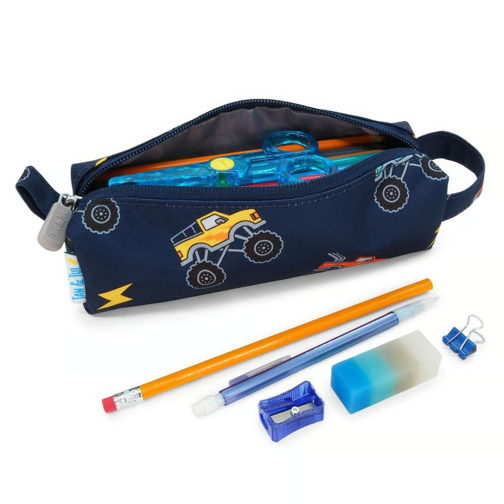 JAN & JUL Kids pencil case Big Trucks navy blue with monster truck prints; includes pencils, sharpener, eraser