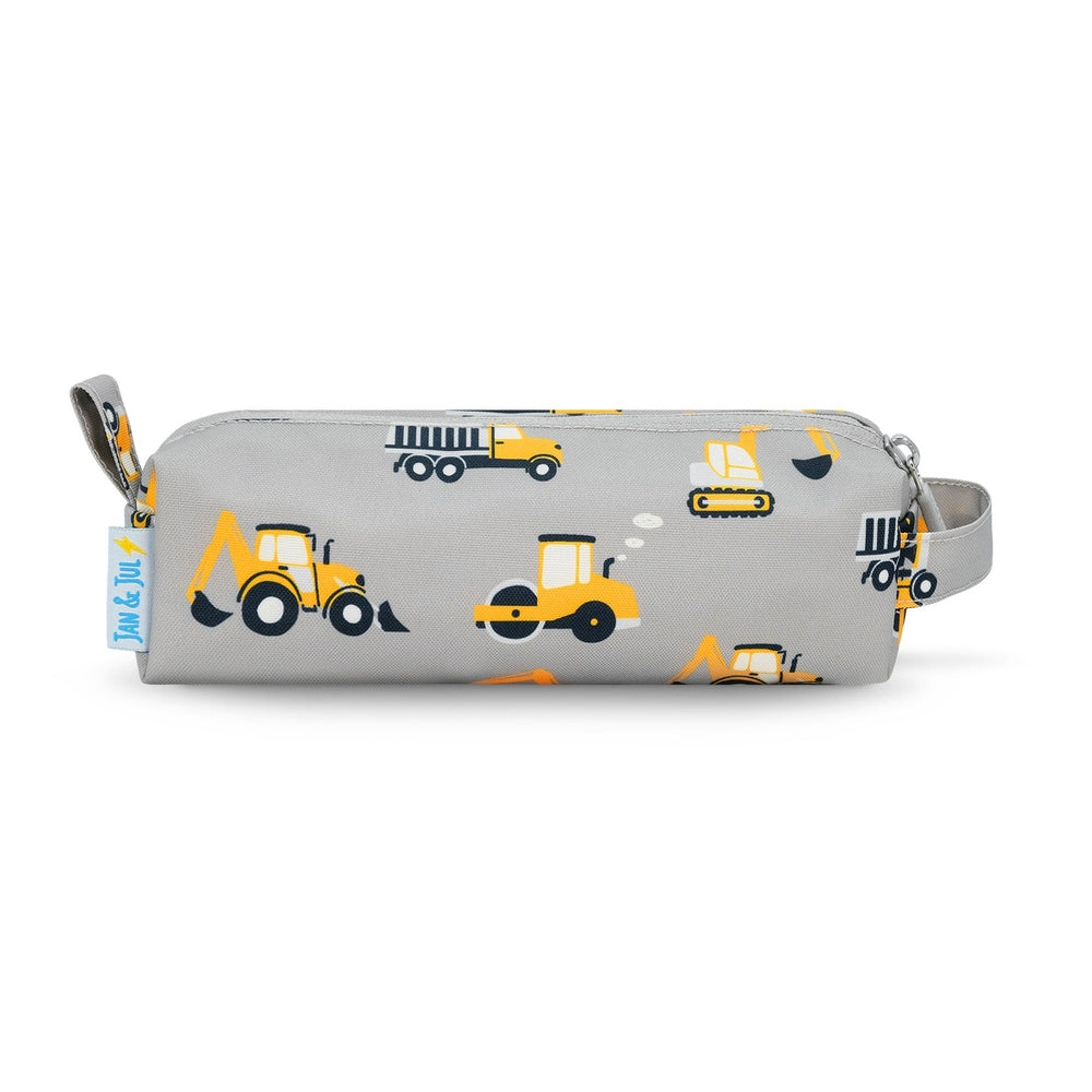 Jan & Jul pencil case in grey construction pattern with yellow trucks and zipper closure